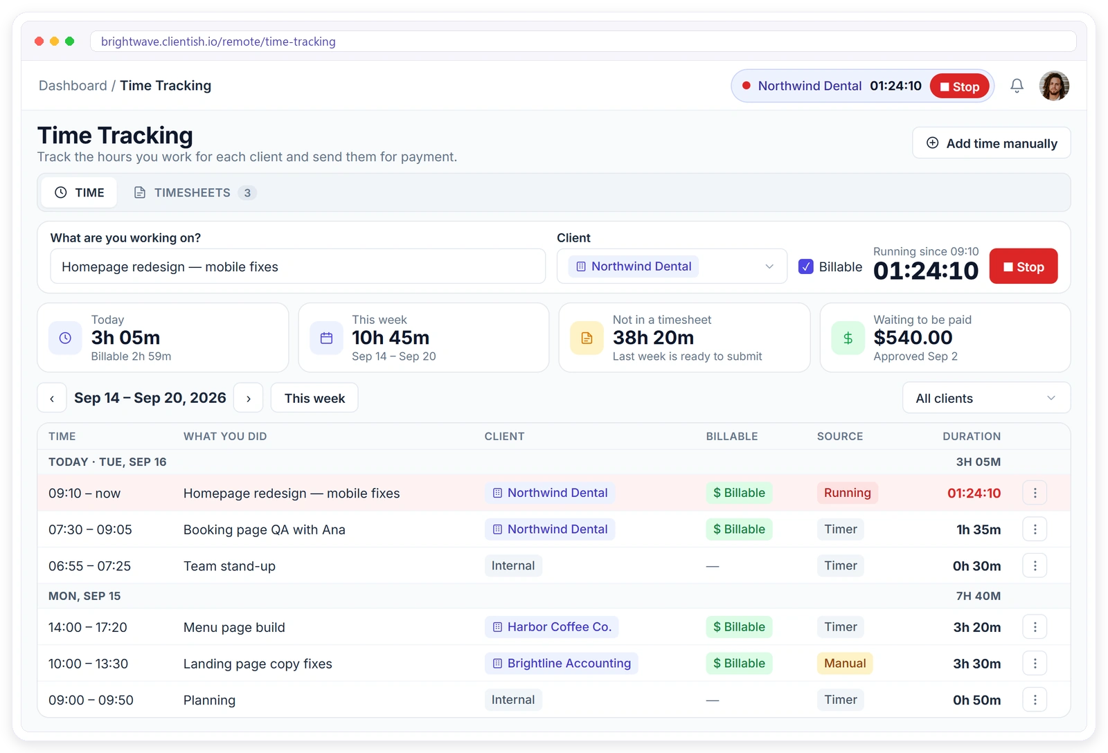Clientish time tracking with a running timer, weekly totals and time entries for each client