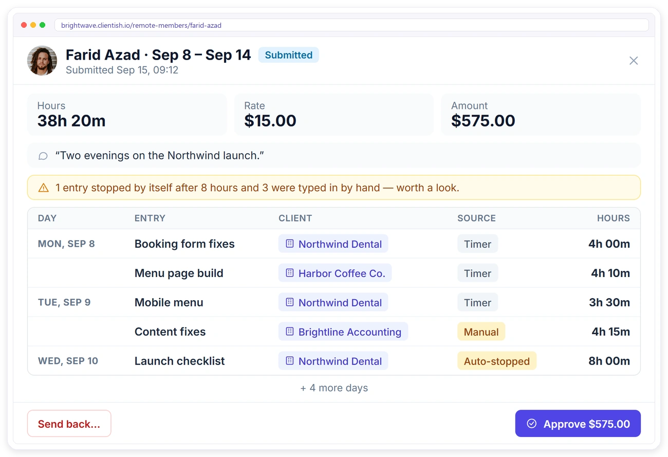 Agency reviewing a remote member's submitted timesheet with daily entries before approving it in Clientish Agency reviewing a remote member's submitted timesheet with daily entries before approving it in Clientish