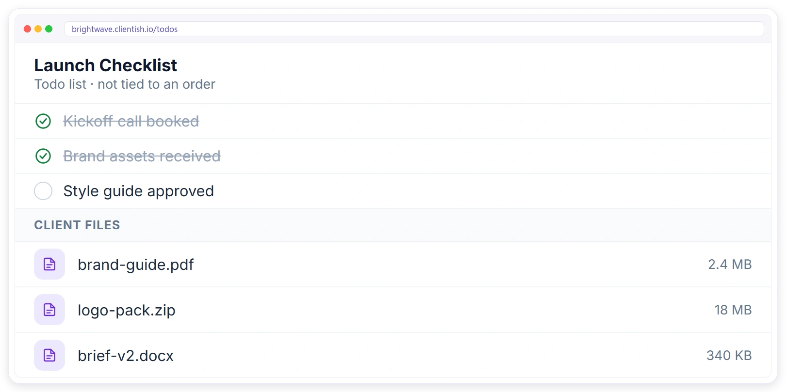 Clientish to-do checklist with completed items and client files for a project