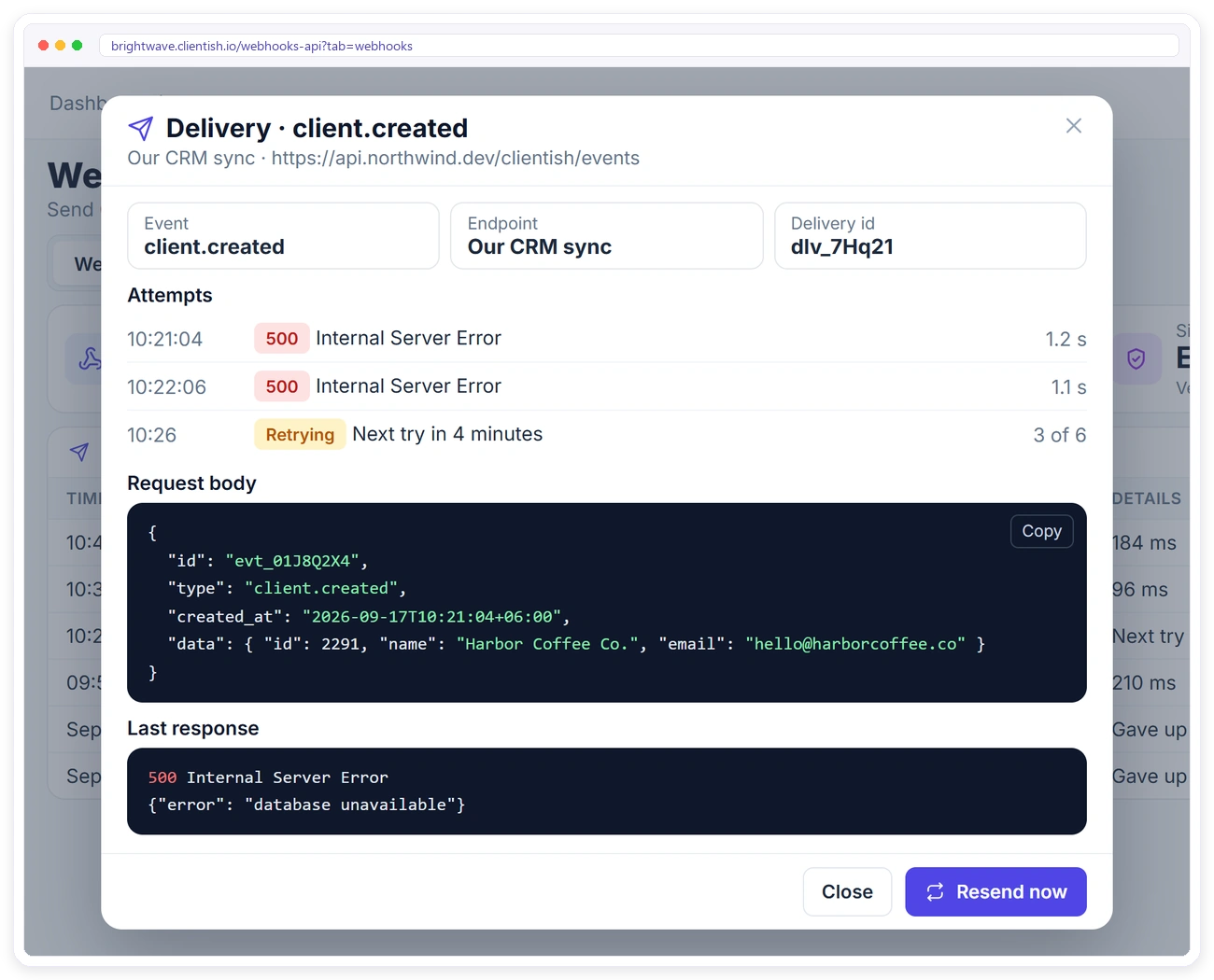Webhook delivery details in Clientish with each attempt, the request body, the last response and Resend now Webhook delivery details in Clientish with each attempt, the request body, the last response and Resend now