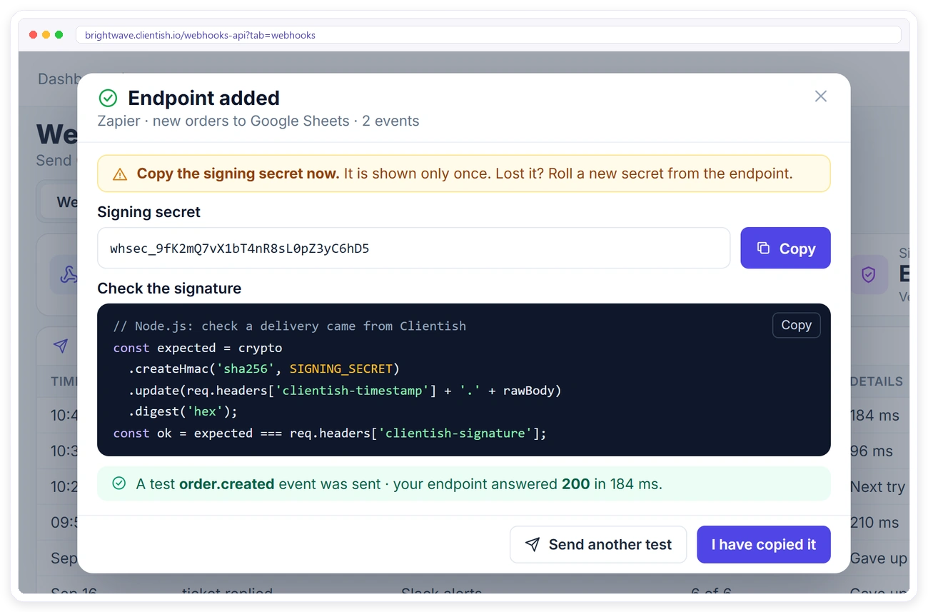 New webhook endpoint in Clientish showing the signing secret once and a Node.js signature check