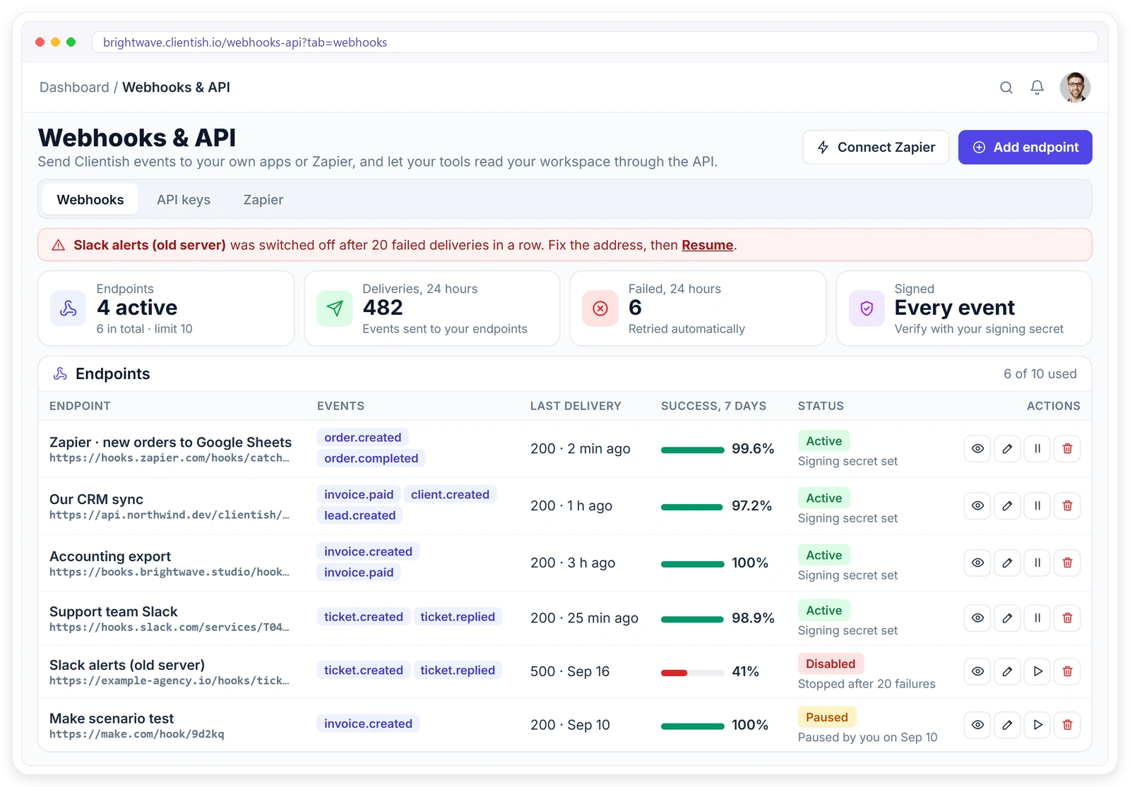 Clientish Webhooks and API page with webhook endpoints, their events, success rate and status
