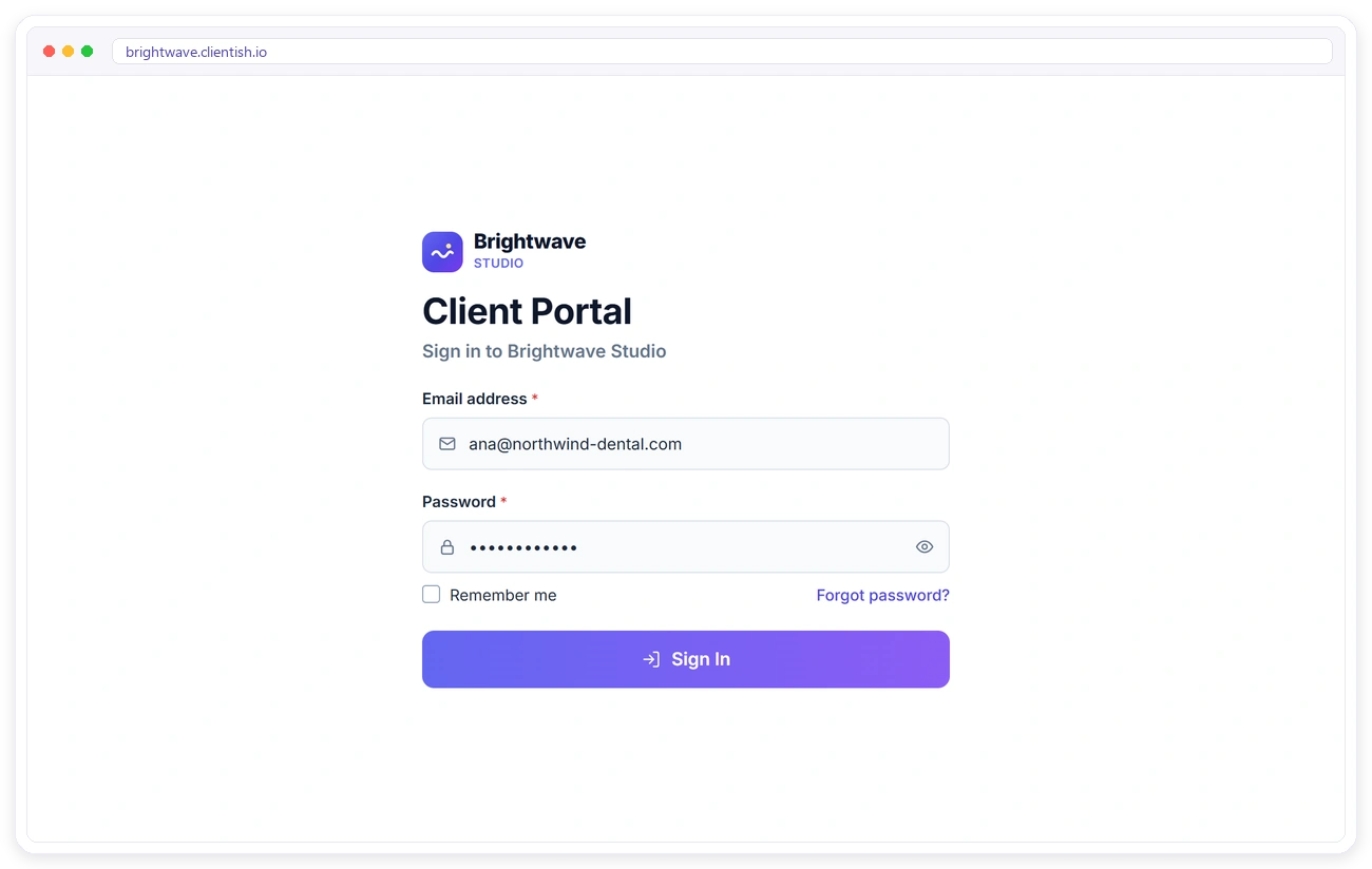 Branded client portal login page on the agency's own Clientish subdomain
