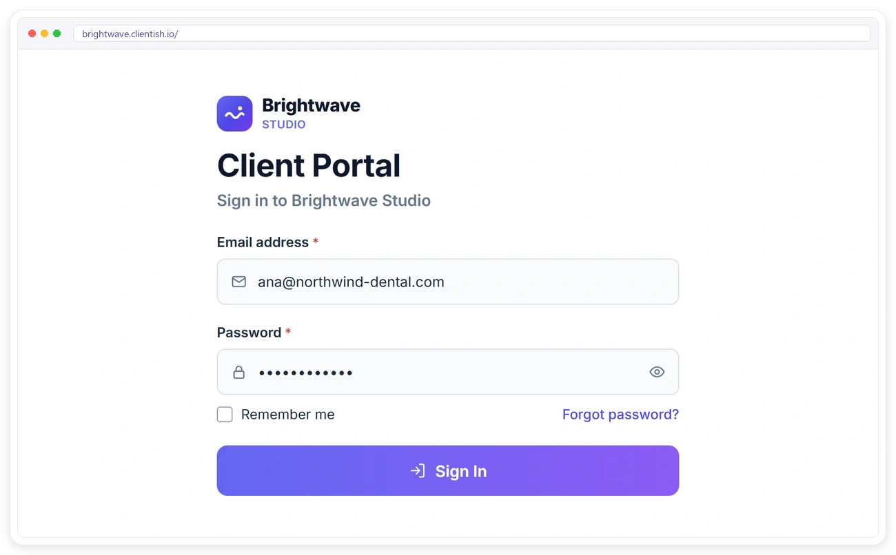 Branded client portal login page on the agency's own Clientish subdomain Branded client portal login page on the agency's own Clientish subdomain