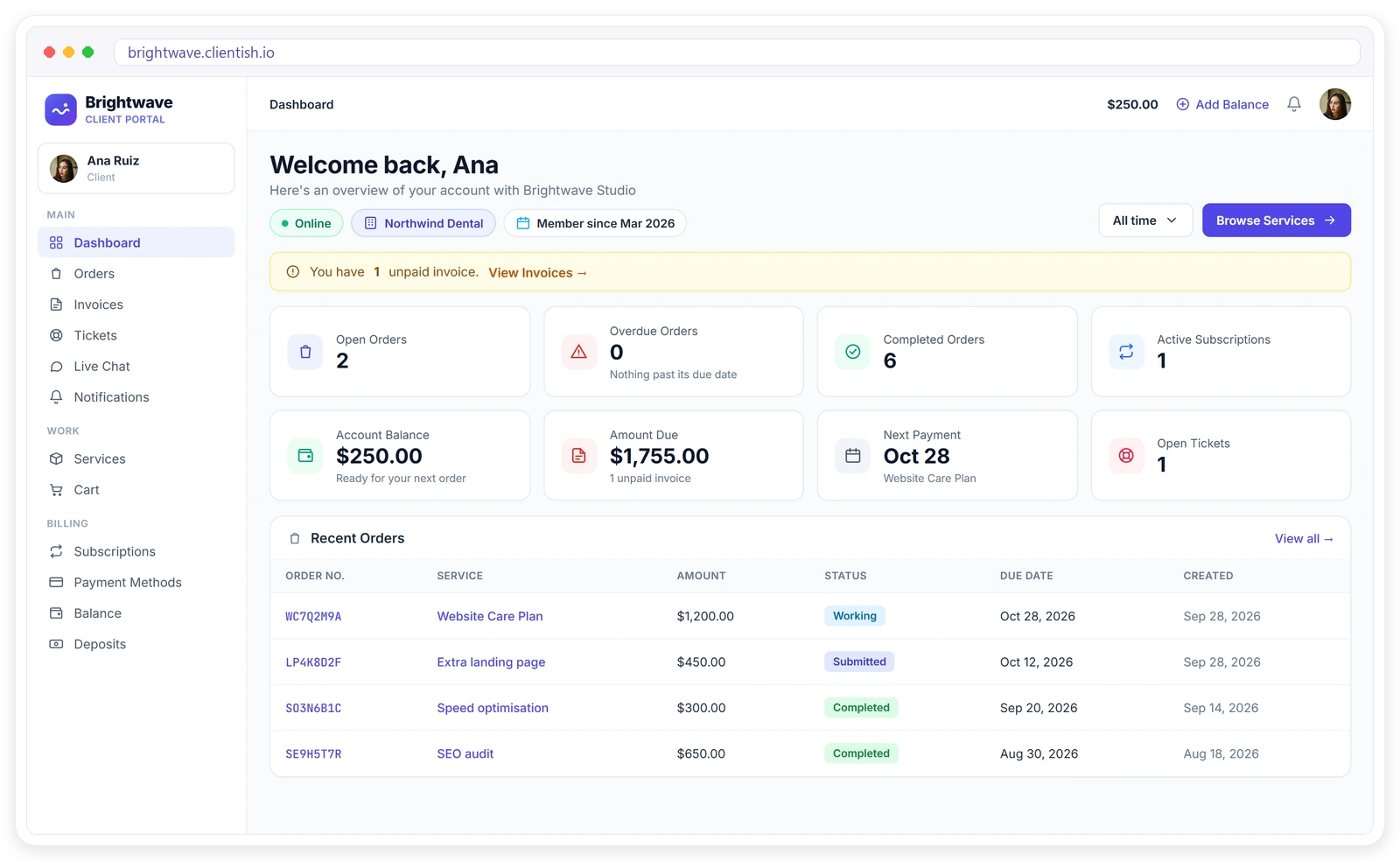 White label client portal dashboard in Clientish showing the agency's own logo, orders, invoices and balance