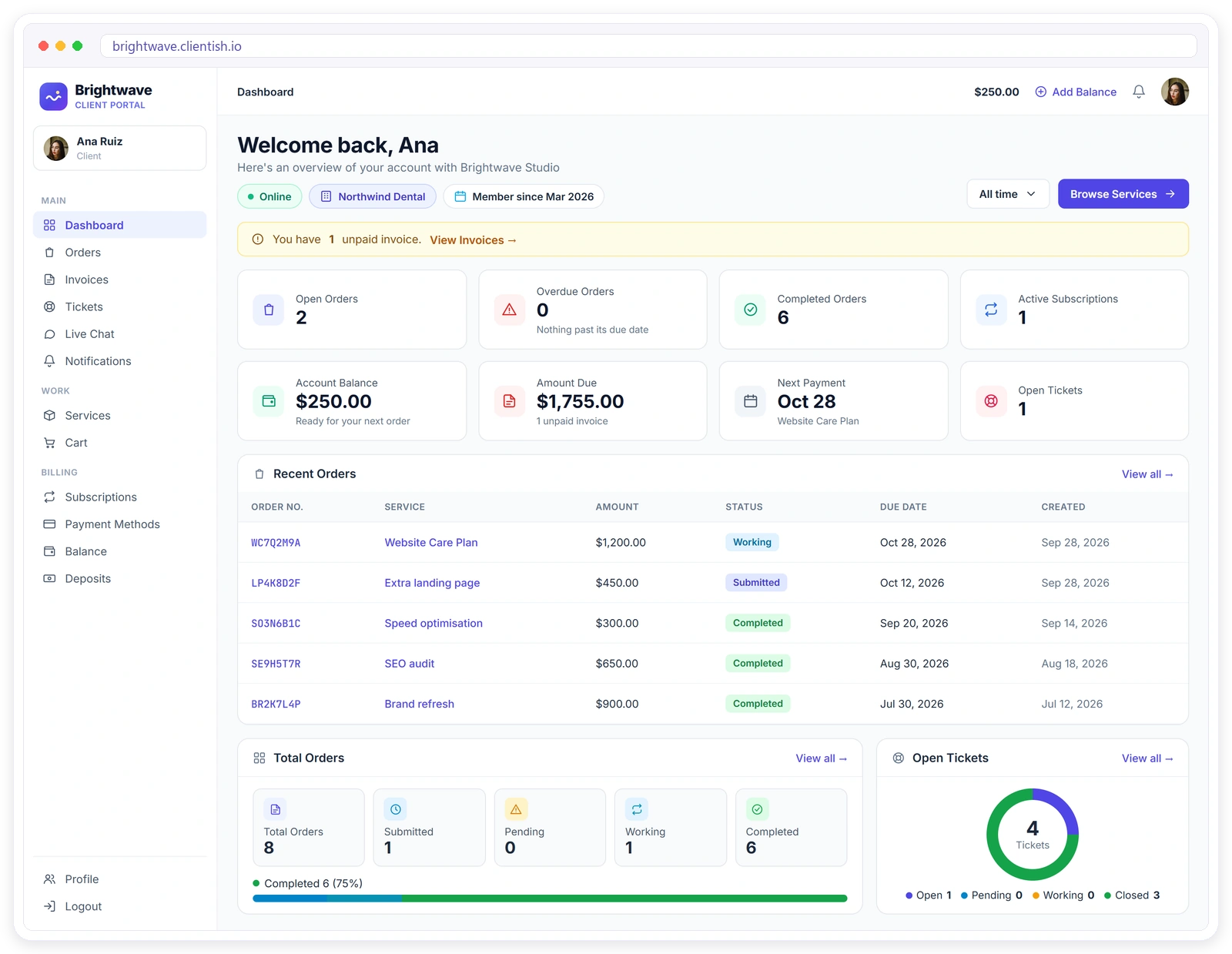 White label client portal dashboard in Clientish showing the agency's own logo, orders, invoices and balance White label client portal dashboard in Clientish showing the agency's own logo, orders, invoices and balance