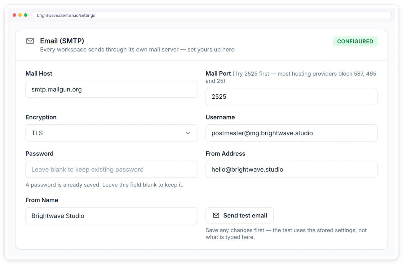 Clientish email SMTP settings with the agency's own mail server, from address and sender name Clientish email SMTP settings with the agency's own mail server, from address and sender name
