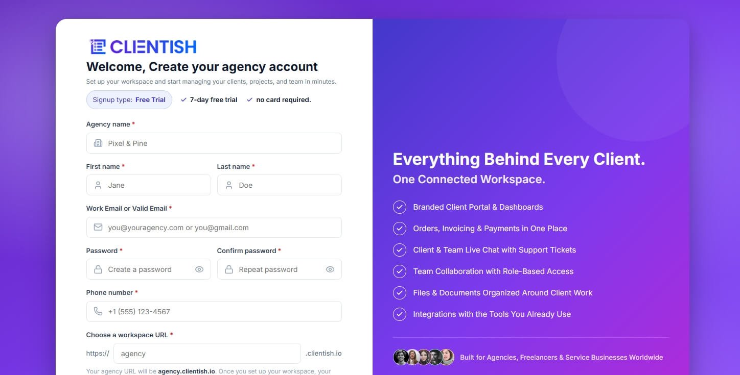 create Clientish account, setting up account