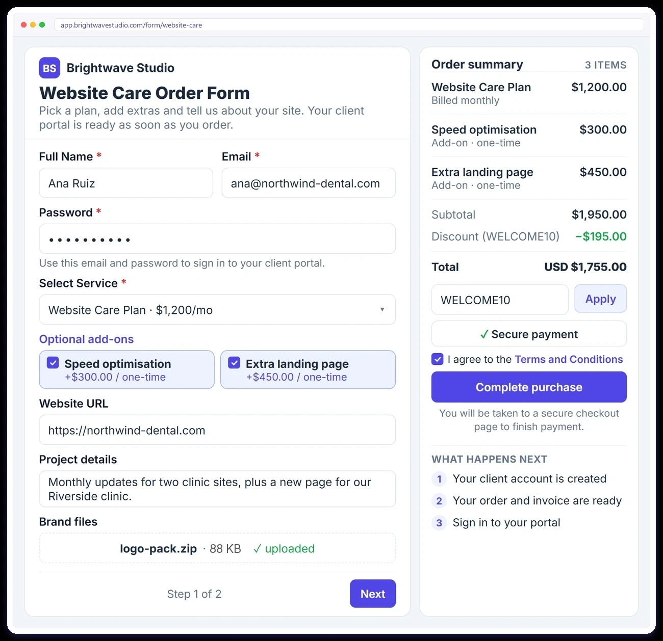 An order form where the client picks a service and add-ons, adds the brief and files, and sees the order summary with a coupon and what happens next