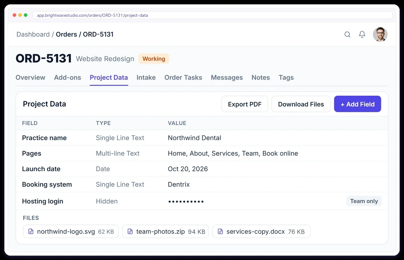 Order project data with fields, a team-only hidden field, files, PDF export and download all files