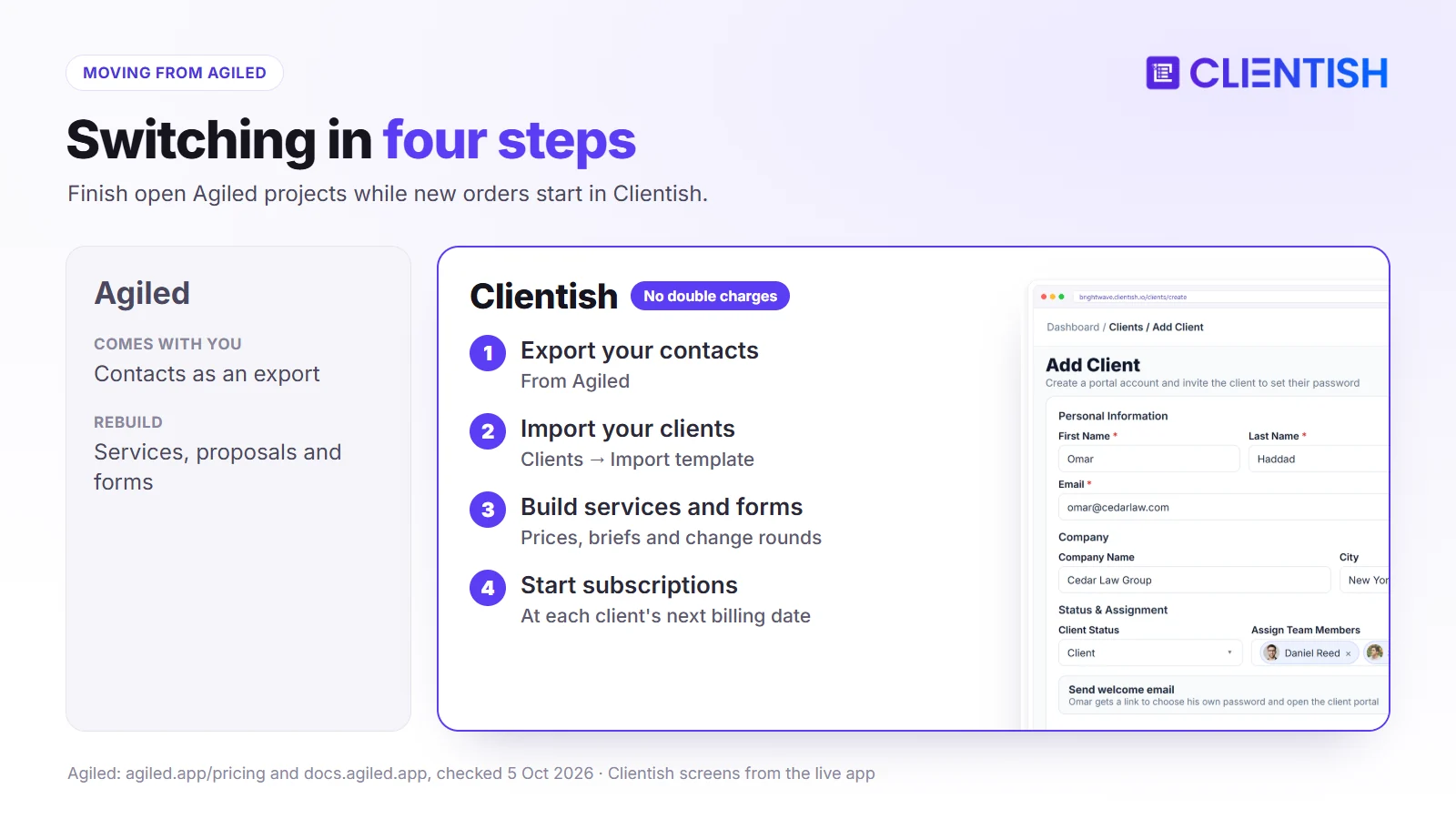 Moving from Agiled to Clientish in four steps: export contacts, import clients, build services and forms, start subscriptions at each client's next billing date