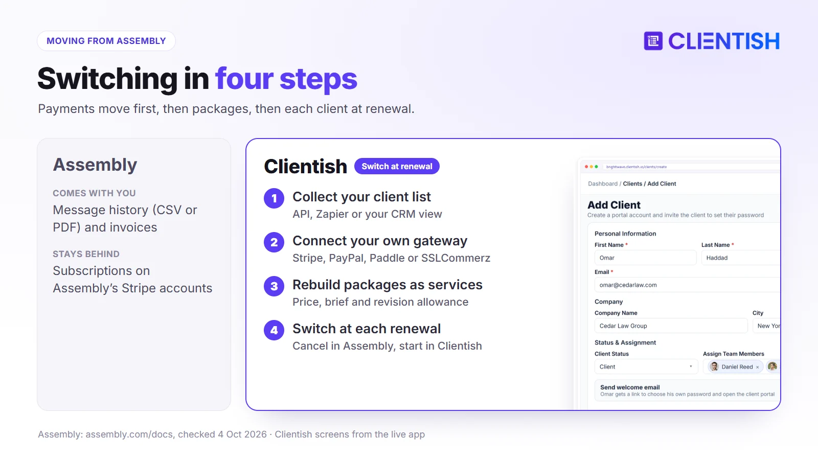 Moving from Assembly to Clientish in four steps: collect clients, connect your own gateway, rebuild packages as services, switch at each renewal