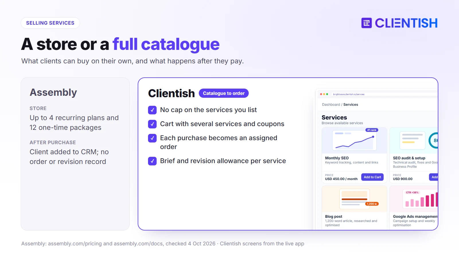 Selling services compared: Assembly Store with up to 4 recurring plans and 12 packages; Clientish catalogue with cart, coupons and an order for each purchase