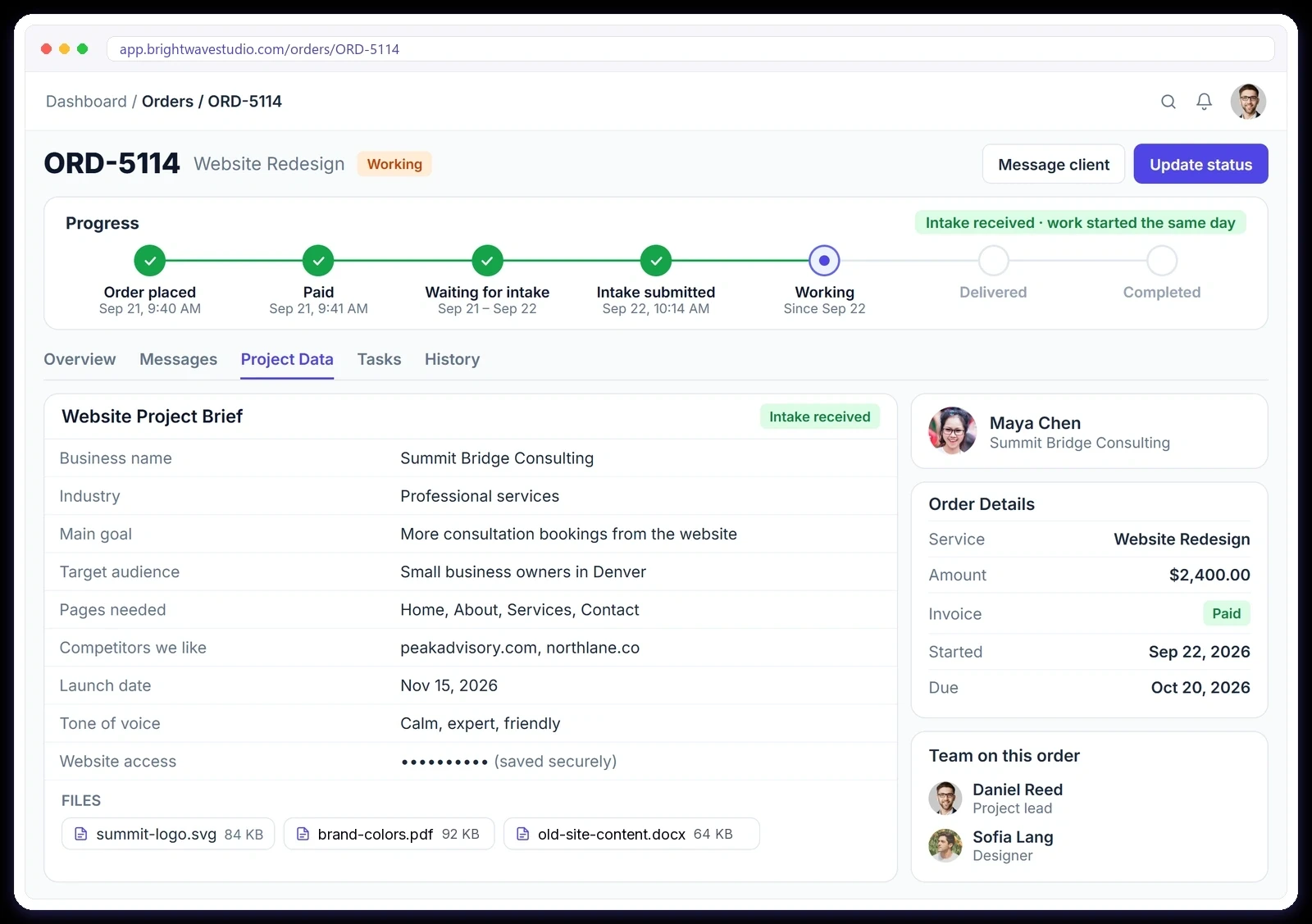 Order page showing the client intake brief saved as project data, with the progress from paid to intake submitted to working