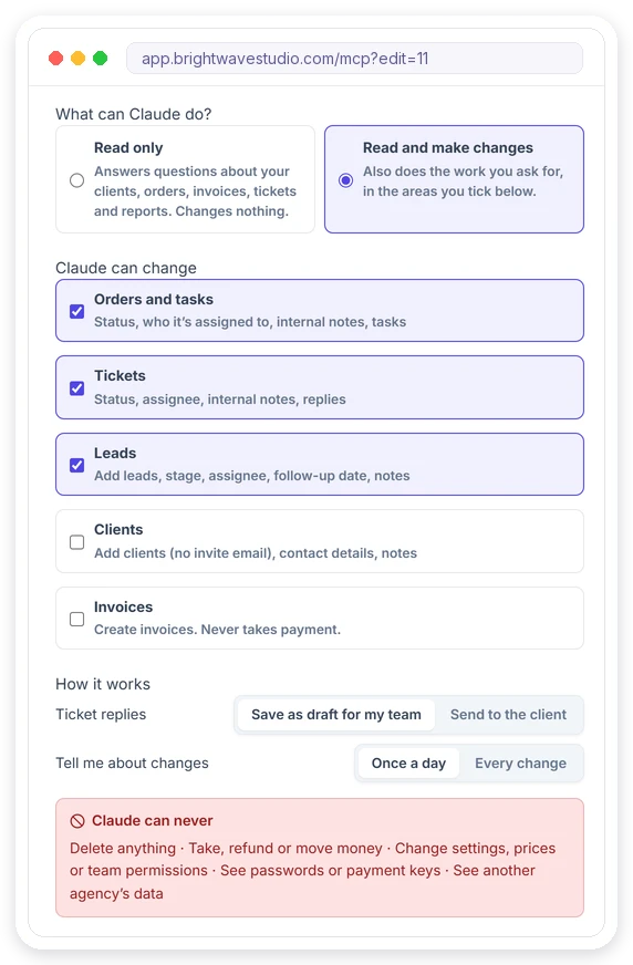 Edit connection: Read and make changes, the areas Claude can change, ticket replies saved as drafts, and what Claude can never do