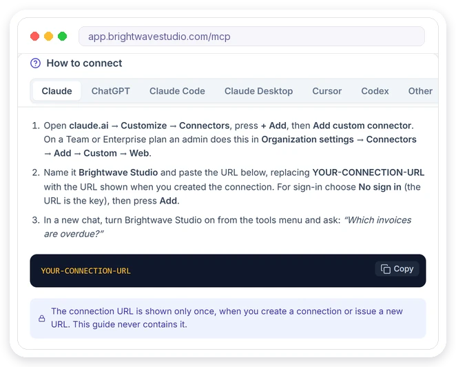 How to connect Claude: add a custom connector, paste the connection URL and ask which invoices are overdue