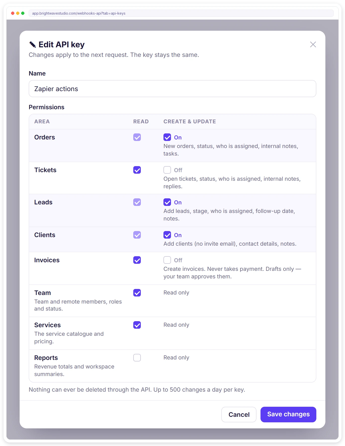 Edit API key window with Read and Create and update permissions per area, read-only services, team and reports, and 500 changes a day Edit API key window with Read and Create and update permissions per area, read-only services, team and reports, and 500 changes a day