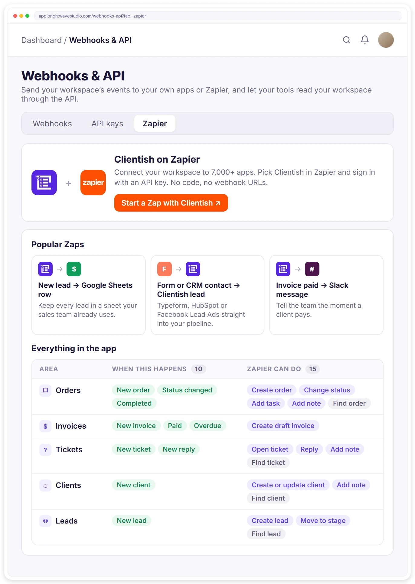 Clientish app on Zapier: start a Zap, popular Zaps and the triggers, actions and searches for orders, invoices, tickets, clients and leads Clientish app on Zapier: start a Zap, popular Zaps and the triggers, actions and searches for orders, invoices, tickets, clients and leads