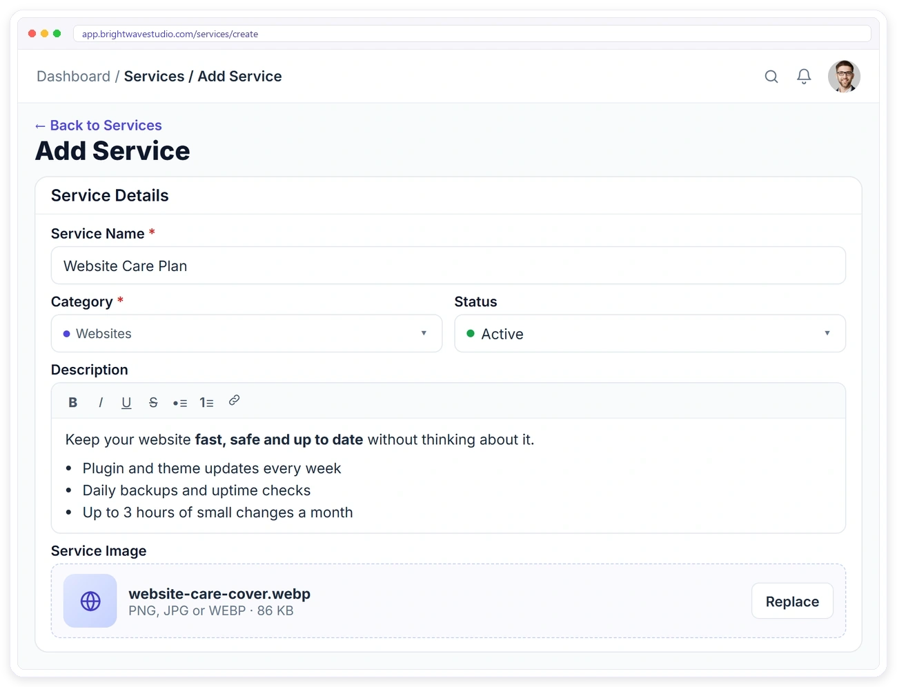 Adding a service in Clientish with name, category, status, a formatted description and a service image