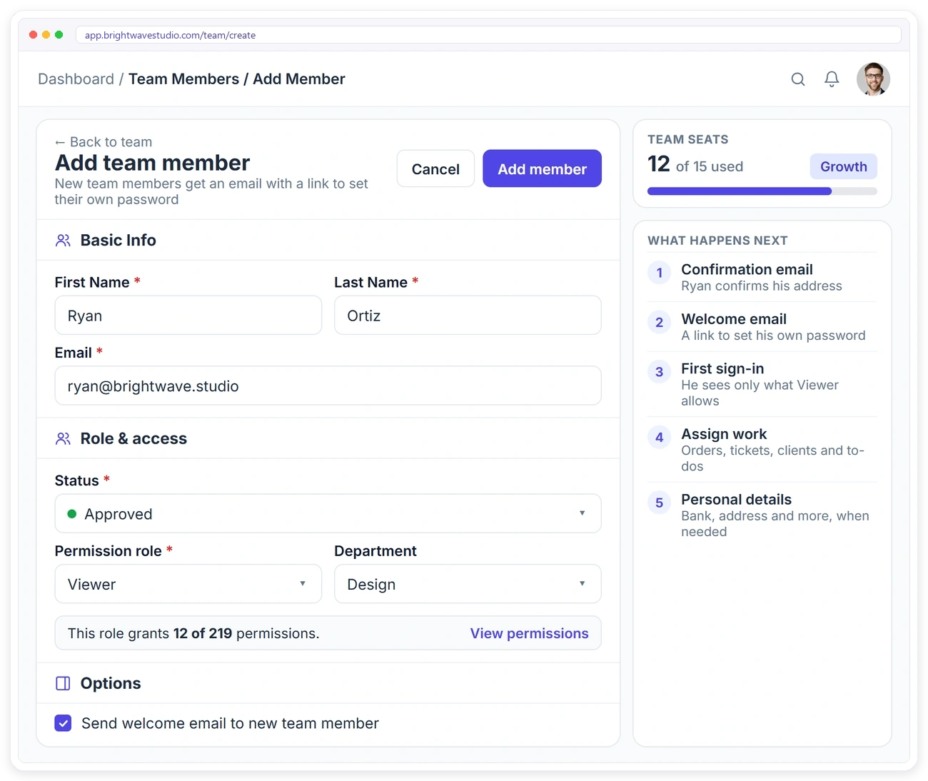 Adding a team member in Clientish with status, permission role and department, a welcome email option, and team seats used Adding a team member in Clientish with status, permission role and department, a welcome email option, and team seats used