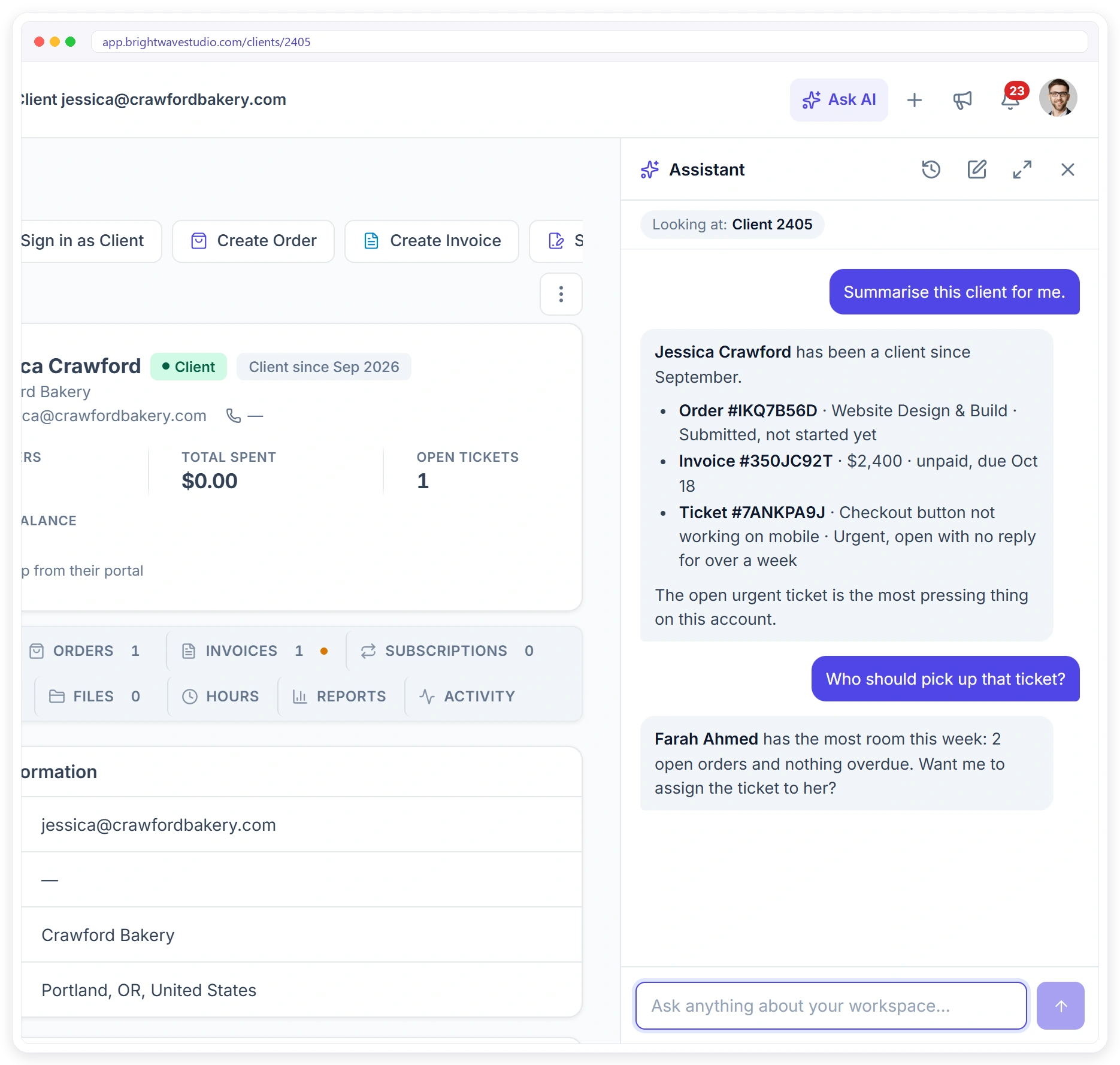 The AI assistant on a client page summarising the client's orders, unpaid invoice and open ticket, then suggesting who should take the ticket The AI assistant on a client page summarising the client's orders, unpaid invoice and open ticket, then suggesting who should take the ticket