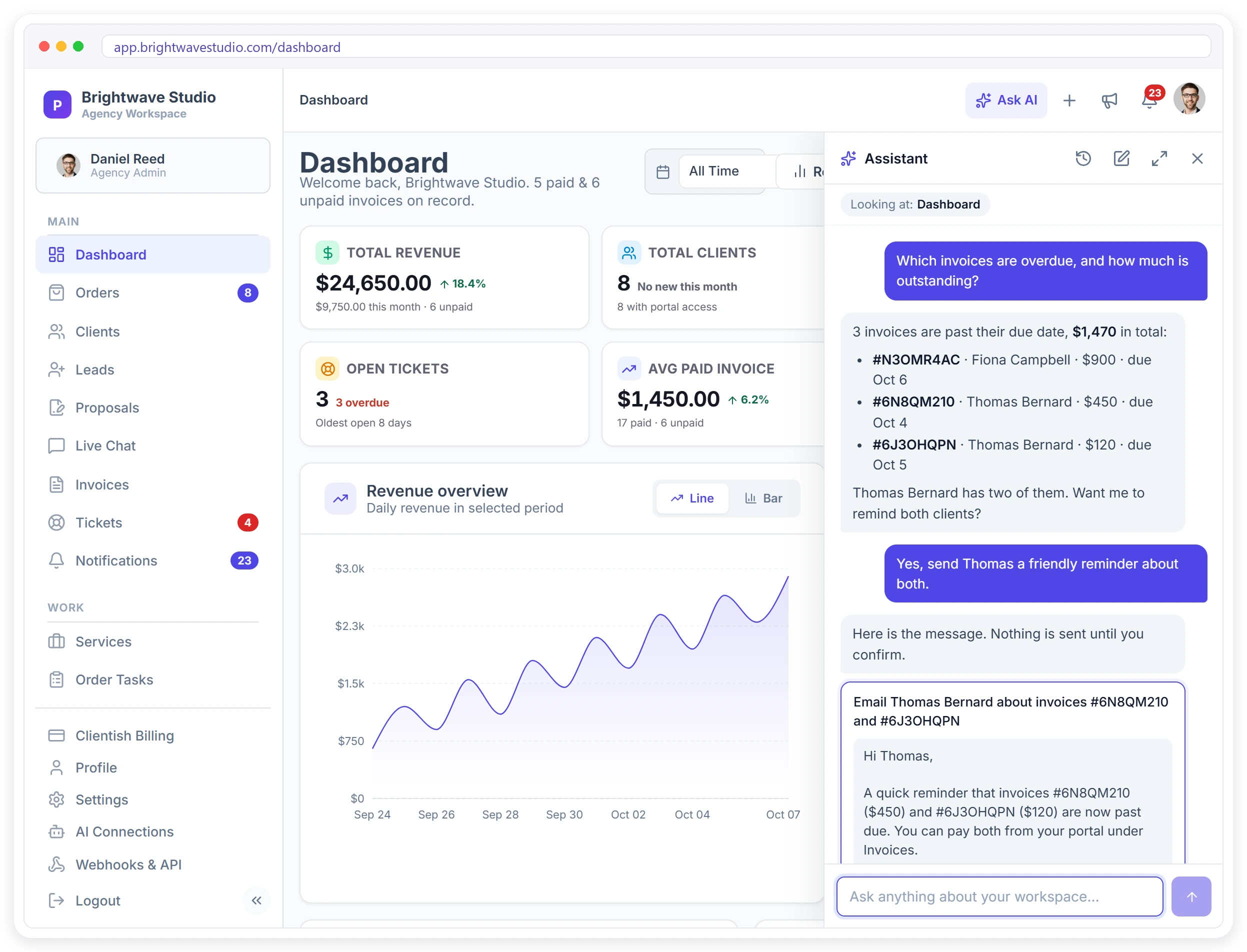 Clientish AI assistant open next to the agency dashboard, listing overdue invoices and drafting a reminder that waits for Confirm Clientish AI assistant open next to the agency dashboard, listing overdue invoices and drafting a reminder that waits for Confirm
