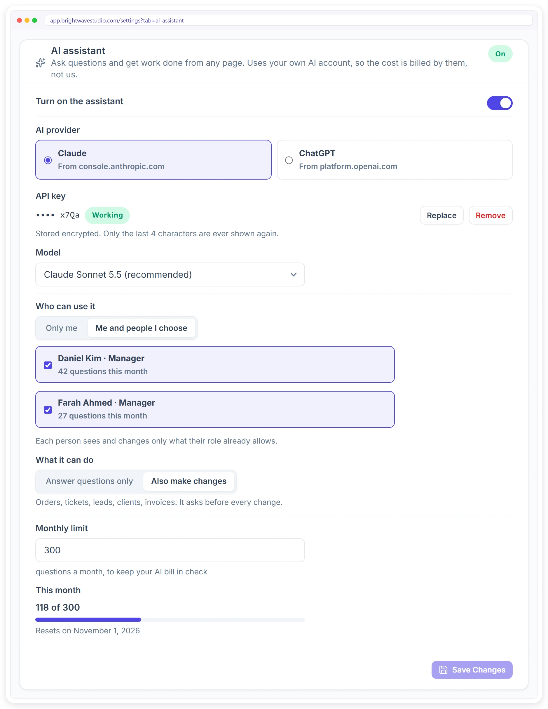 AI assistant settings: Claude or ChatGPT with your own API key, who can use it, answer only or also make changes, and a monthly limit AI assistant settings: Claude or ChatGPT with your own API key, who can use it, answer only or also make changes, and a monthly limit