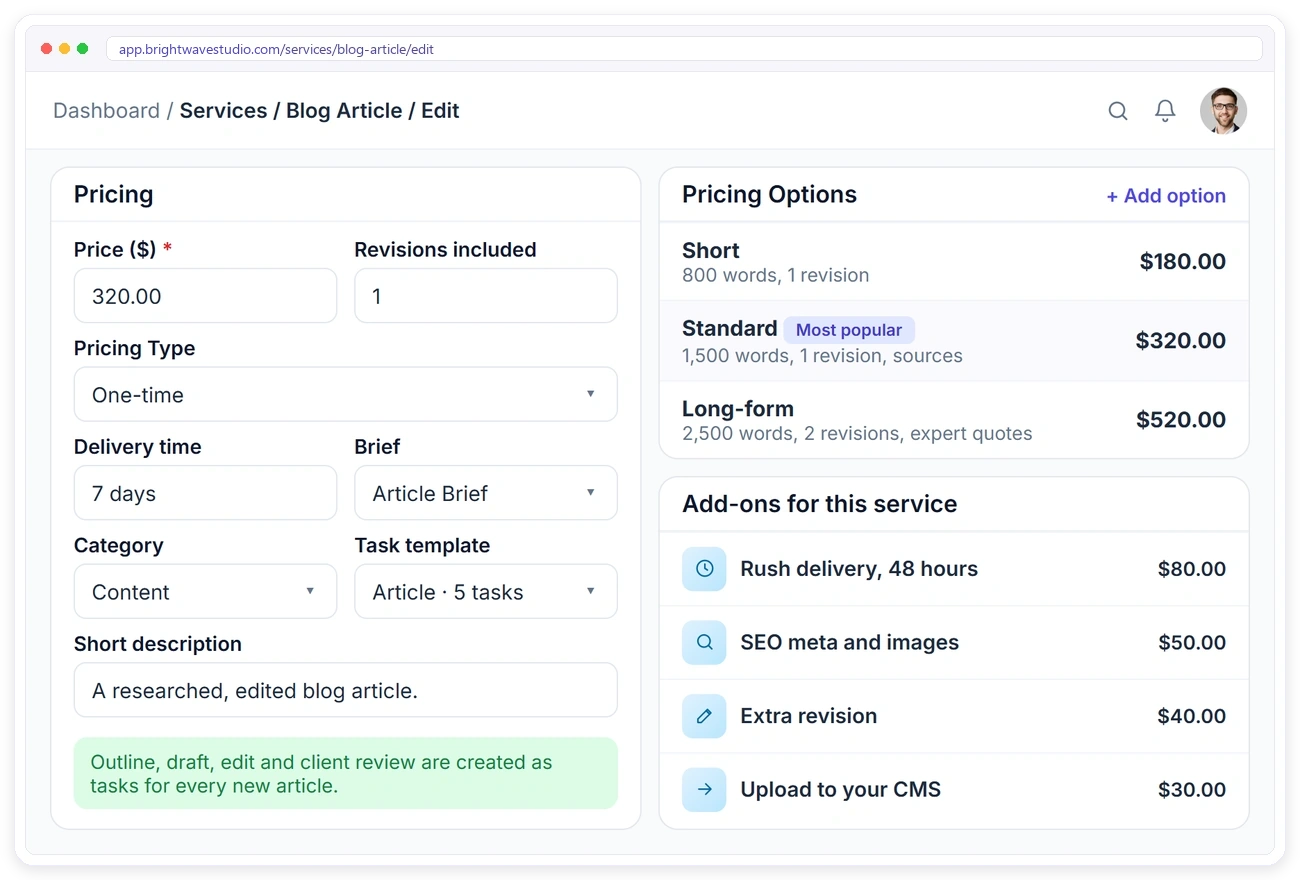 A blog article service in Clientish priced by length with Short, Standard and Long-form options and add-ons for rush delivery, SEO meta, extra revisions and CMS upload A blog article service in Clientish priced by length with Short, Standard and Long-form options and add-ons for rush delivery, SEO meta, extra revisions and CMS upload