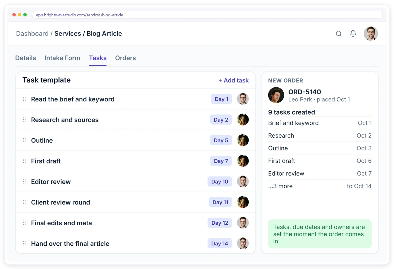 A Clientish task template for a blog article, from brief and research to outline, draft, editor review and client review A Clientish task template for a blog article, from brief and research to outline, draft, editor review and client review