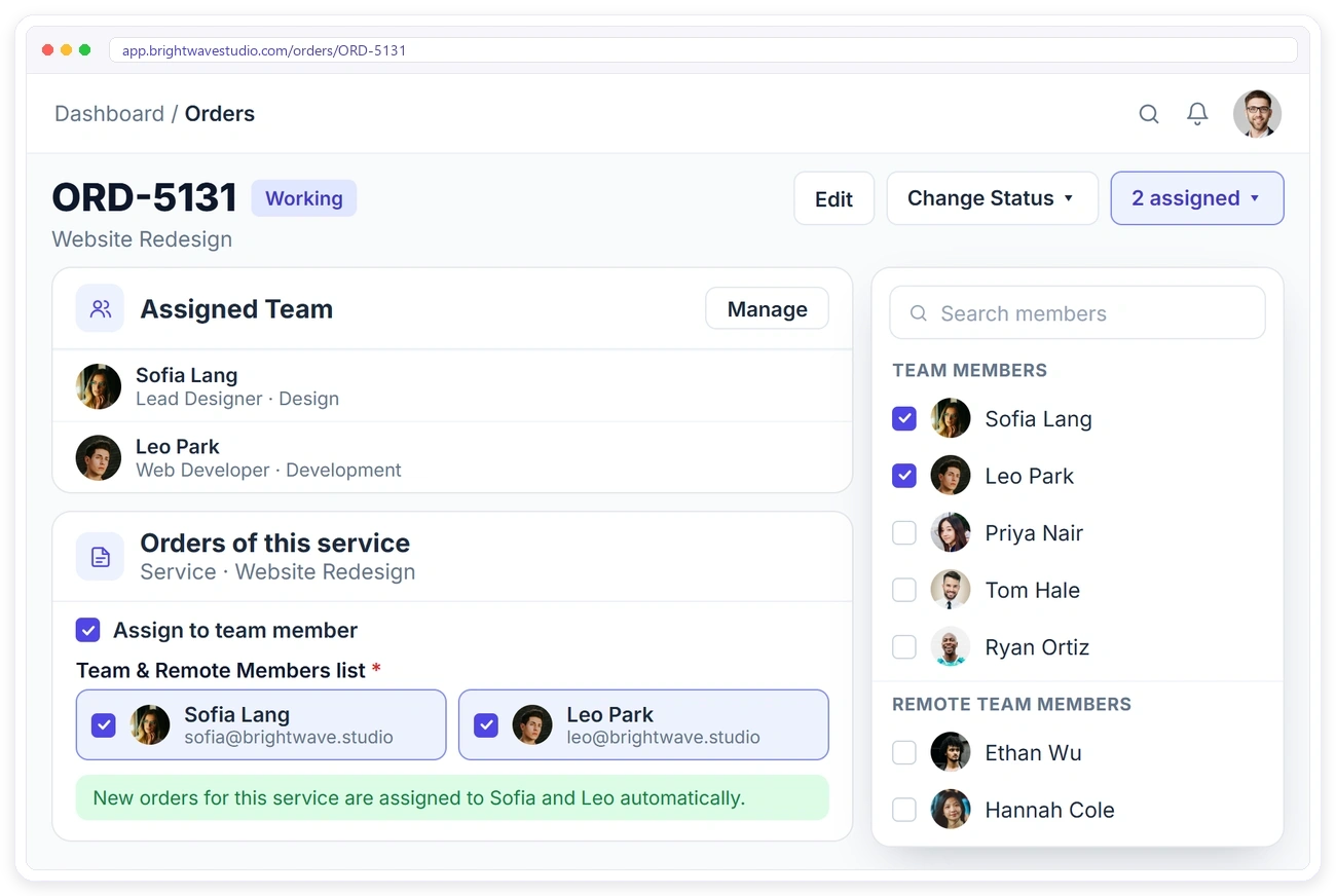 Assigning team members to a Clientish order, and auto-assigning every new order of a service to chosen team members Assigning team members to a Clientish order, and auto-assigning every new order of a service to chosen team members