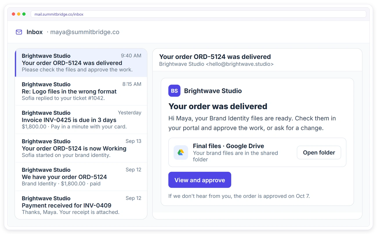 A client's inbox with automated Clientish emails for an order, a ticket reply, an invoice due soon, an order status change and a payment receipt A client's inbox with automated Clientish emails for an order, a ticket reply, an invoice due soon, an order status change and a payment receipt