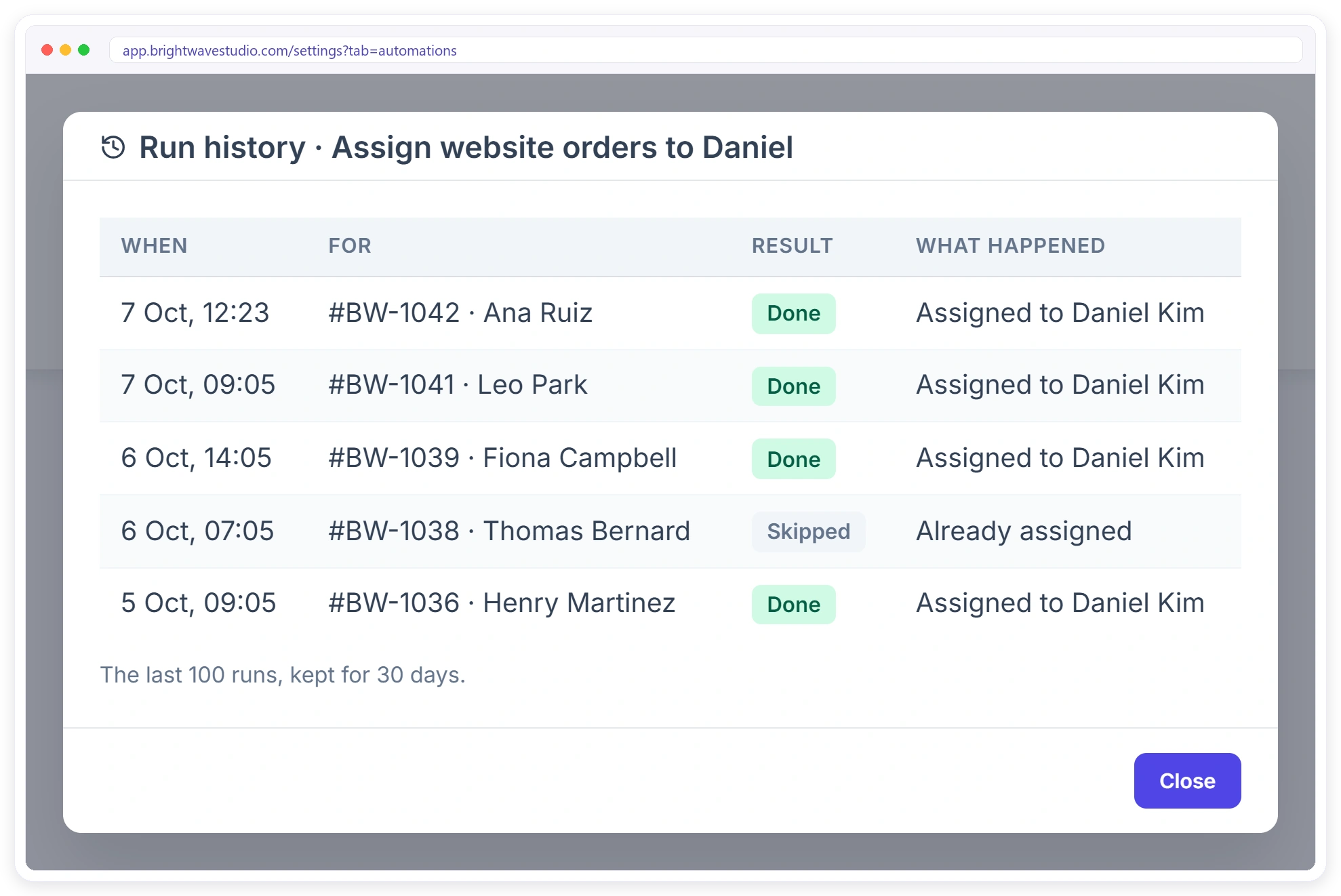 Automation run history showing when each run happened, for which order, the result and what the automation did