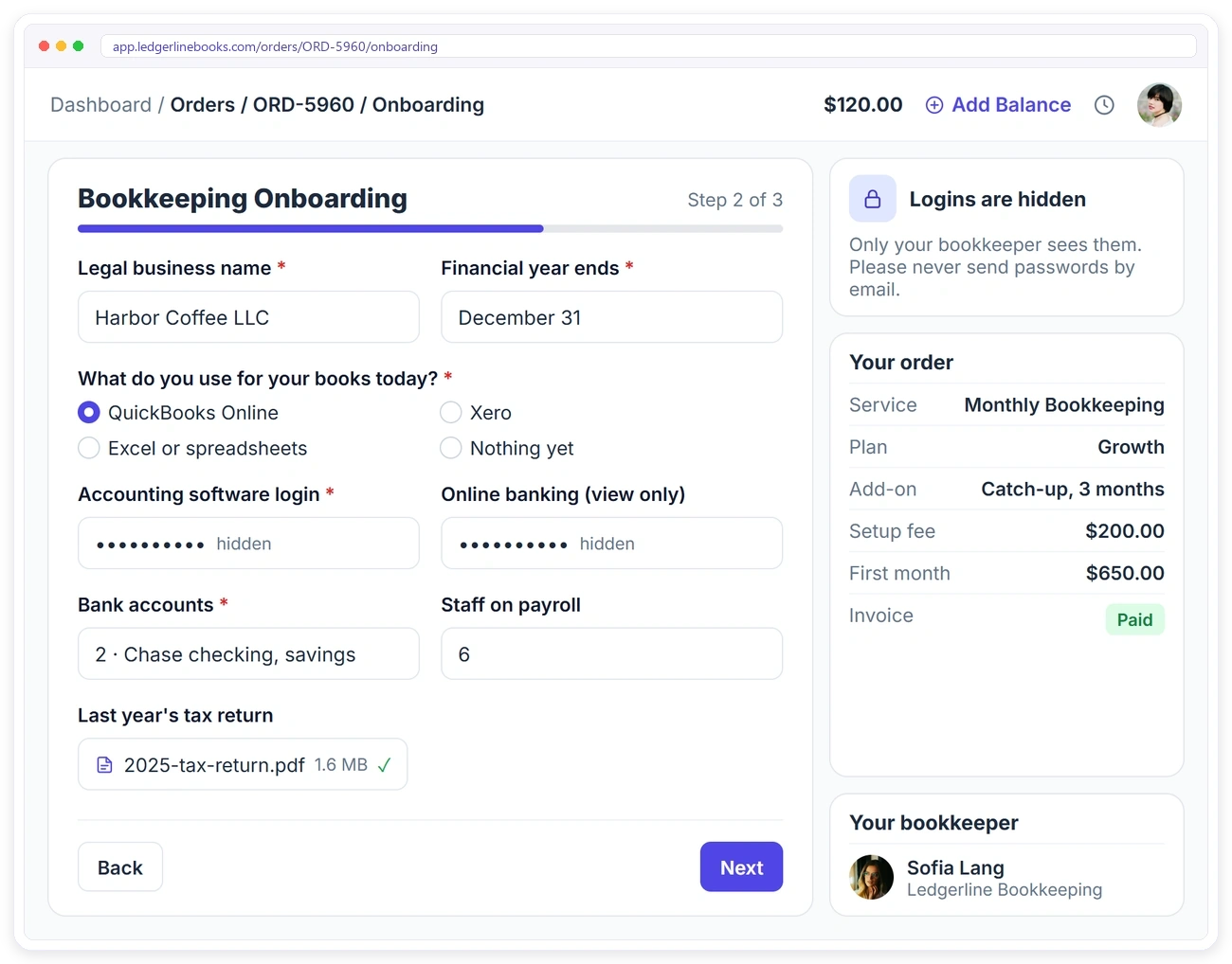 A new bookkeeping client filling in an onboarding form in the Clientish client portal with business details and logins kept in hidden fields A new bookkeeping client filling in an onboarding form in the Clientish client portal with business details and logins kept in hidden fields