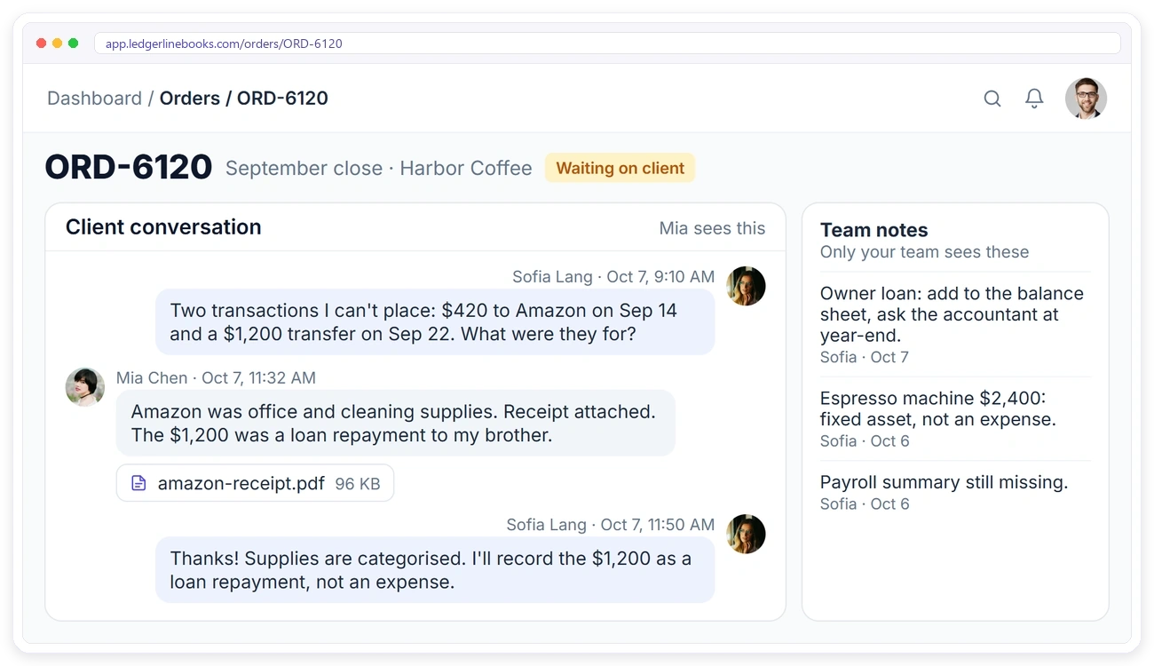 A bookkeeper asking a client about two transactions on the month-end order in Clientish, the client's answer with a receipt, and private team notes A bookkeeper asking a client about two transactions on the month-end order in Clientish, the client's answer with a receipt, and private team notes