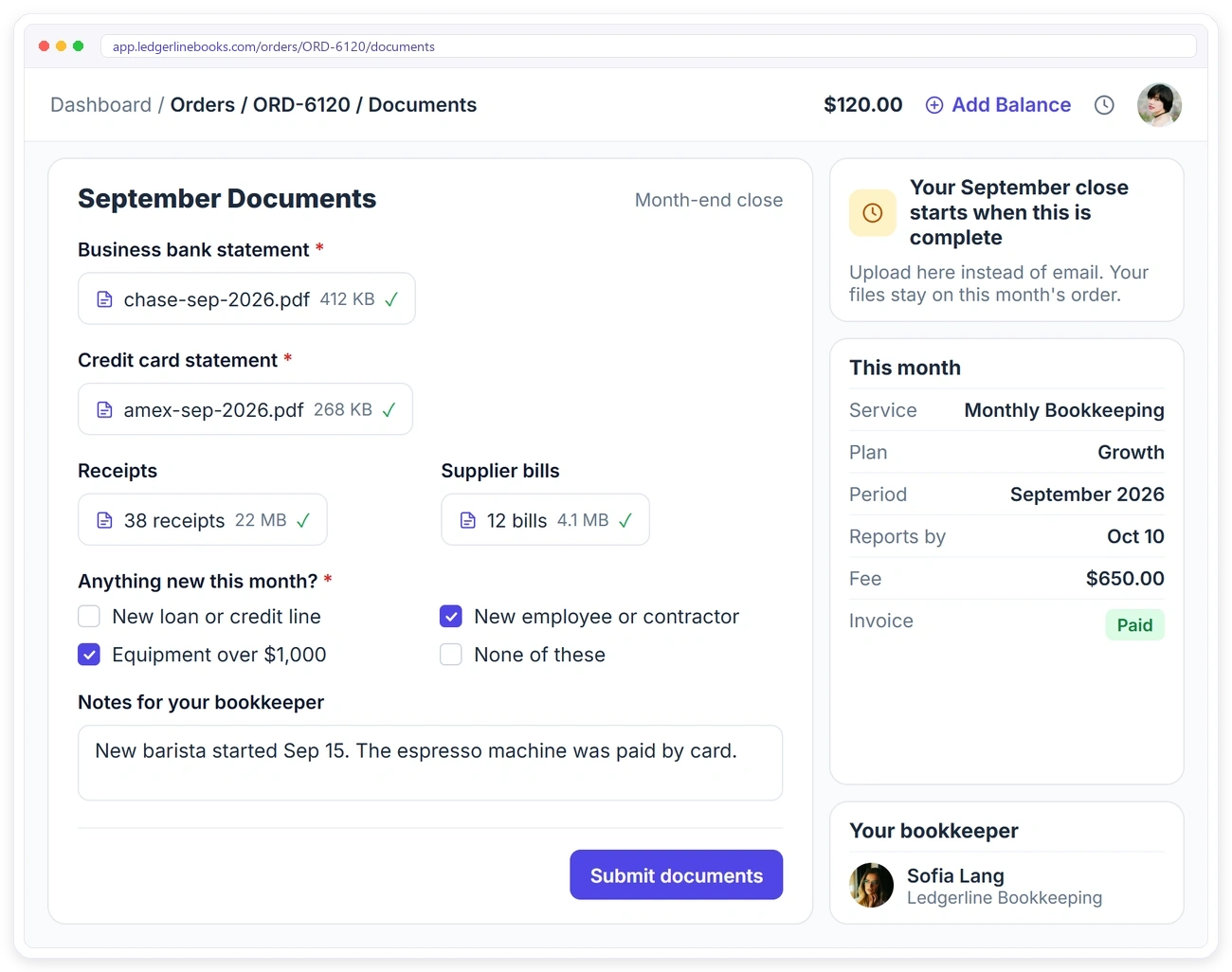A bookkeeping client uploading the bank statement, card statement, receipts and supplier bills for month-end in the Clientish client portal A bookkeeping client uploading the bank statement, card statement, receipts and supplier bills for month-end in the Clientish client portal