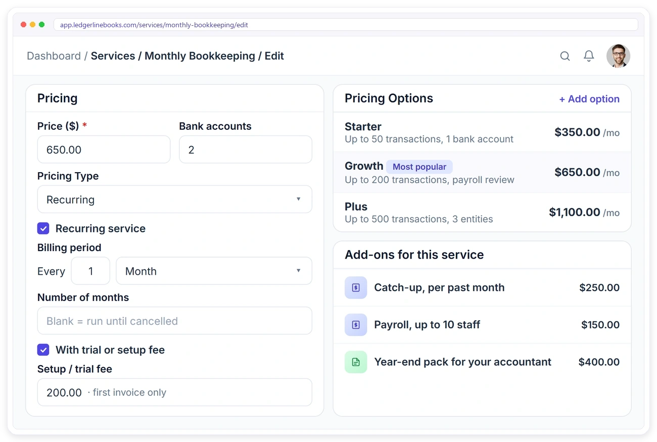 A monthly bookkeeping service in Clientish with Starter, Growth and Plus plans by transaction volume and add-ons for catch-up, payroll and a year-end pack A monthly bookkeeping service in Clientish with Starter, Growth and Plus plans by transaction volume and add-ons for catch-up, payroll and a year-end pack