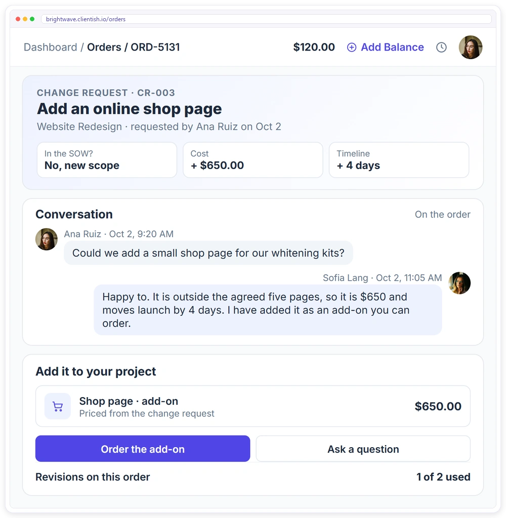 A change request on an order in the Clientish client portal with its cost and timeline impact, the conversation and the add-on to order