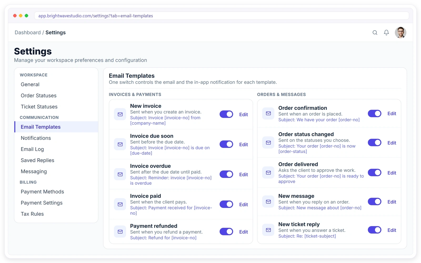 Clientish client email automation with email templates for invoices, reminders, orders, messages and ticket replies, each with its own switch