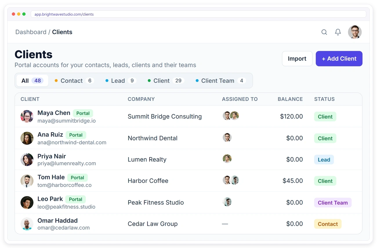 Clientish client management CRM list with contact, lead, client and client team tabs, assigned team members, balance and portal access