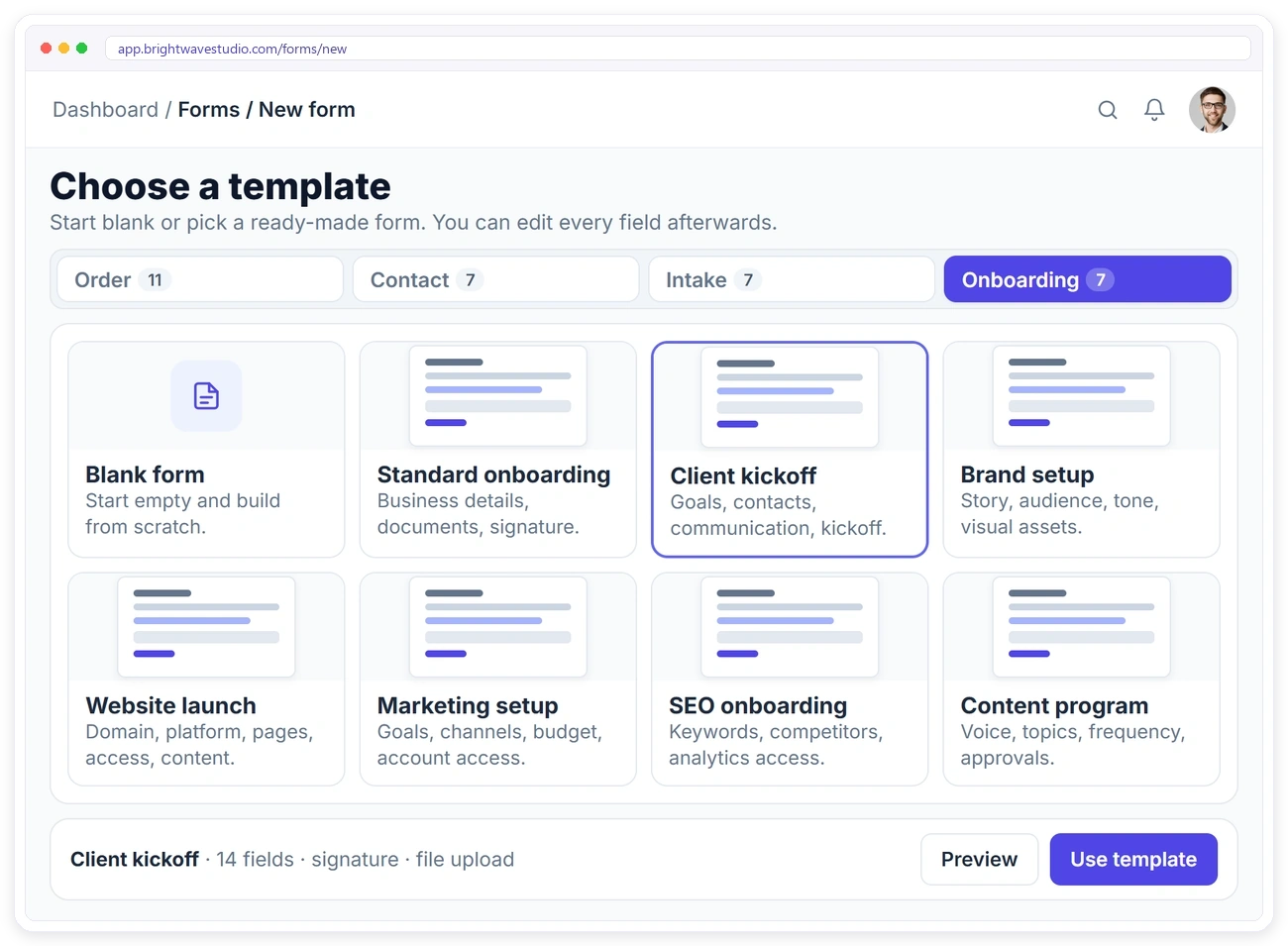 Clientish client onboarding form templates: client kickoff, brand setup, website launch, SEO onboarding and more