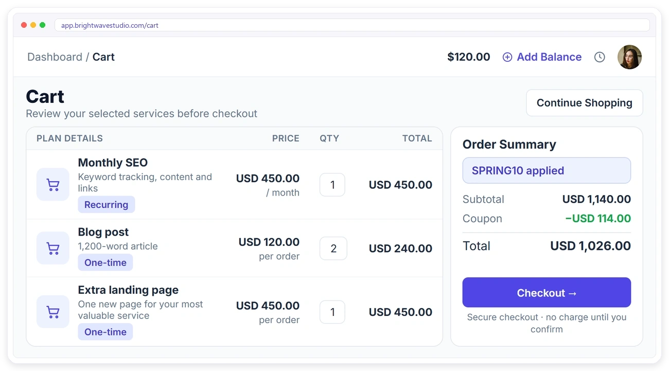 Client portal cart in Clientish with recurring and one-time services, a coupon and checkout Client portal cart in Clientish with recurring and one-time services, a coupon and checkout