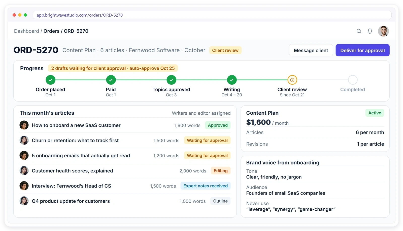 A monthly content plan in Clientish with six articles, their writers, word counts and approval status, the plan price and the client's brand voice from onboarding A monthly content plan in Clientish with six articles, their writers, word counts and approval status, the plan price and the client's brand voice from onboarding