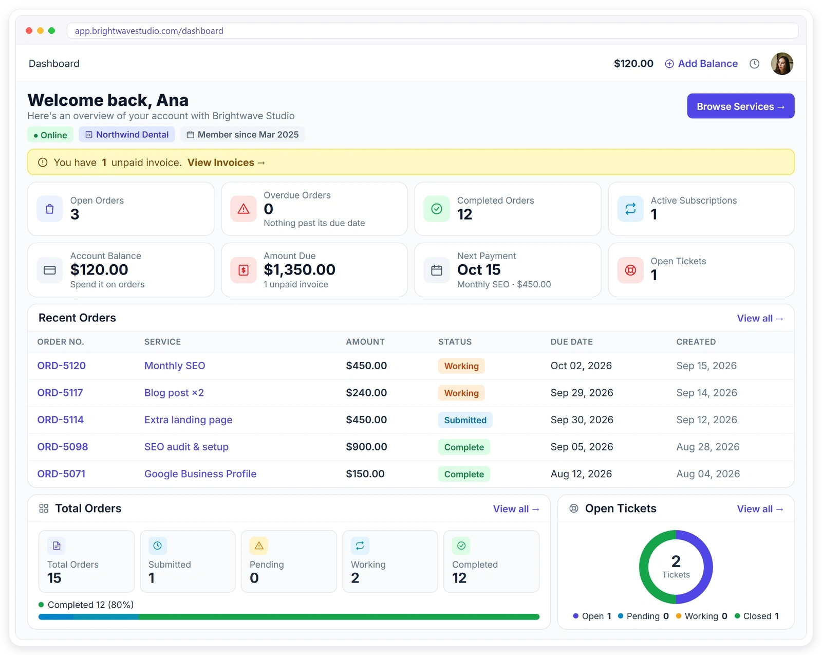 Client portal dashboard in Clientish with open orders, amount due, balance, next payment and recent orders Client portal dashboard in Clientish with open orders, amount due, balance, next payment and recent orders