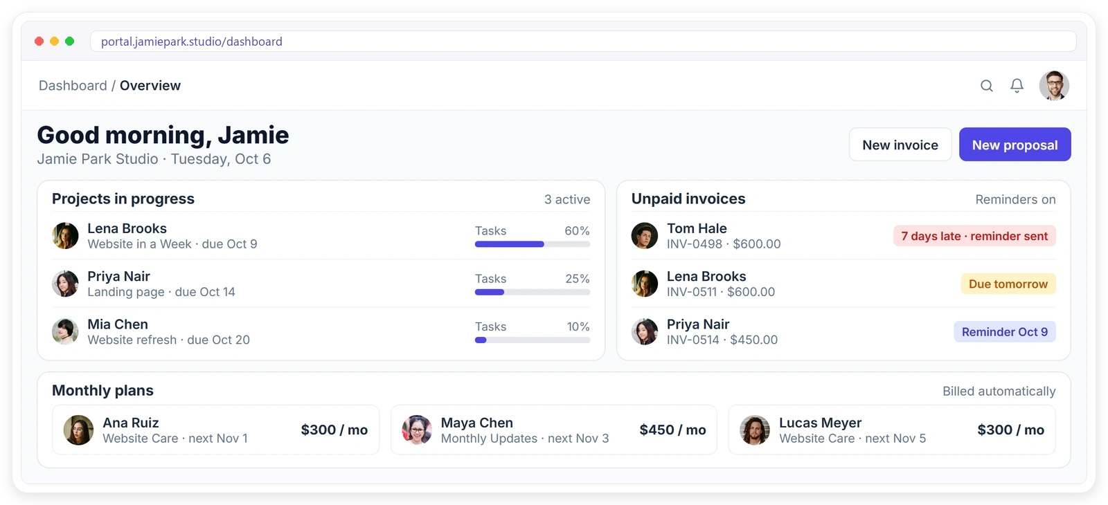 A freelancer's Clientish dashboard with projects in progress, unpaid invoices with automatic reminders and monthly plans billed automatically