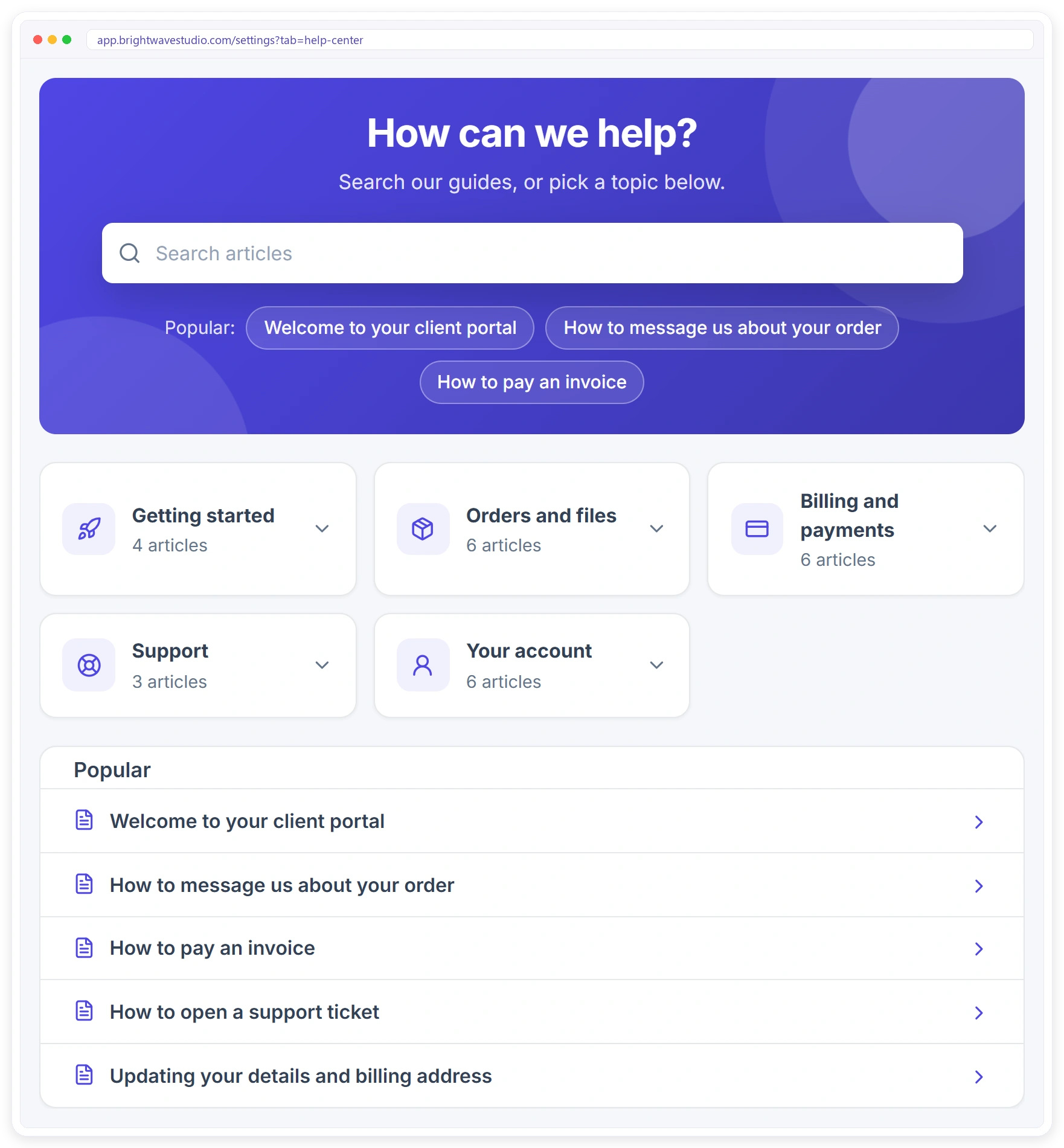 What clients see in the portal Help center: search, topic cards and the most popular articles in the agency's colours What clients see in the portal Help center: search, topic cards and the most popular articles in the agency's colours