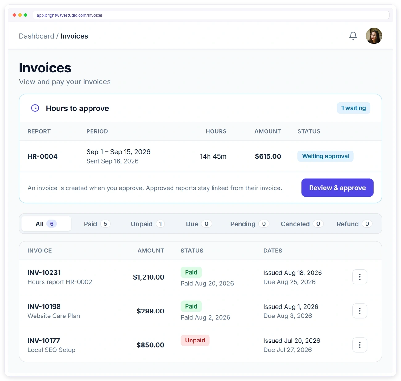 Hours to approve report waiting for client approval on the Clientish client portal invoices page Hours to approve report waiting for client approval on the Clientish client portal invoices page