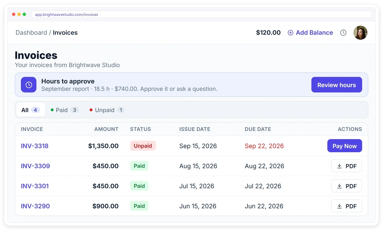 Client portal invoices page in Clientish with Pay Now on open invoices, PDF downloads and hours to approve
