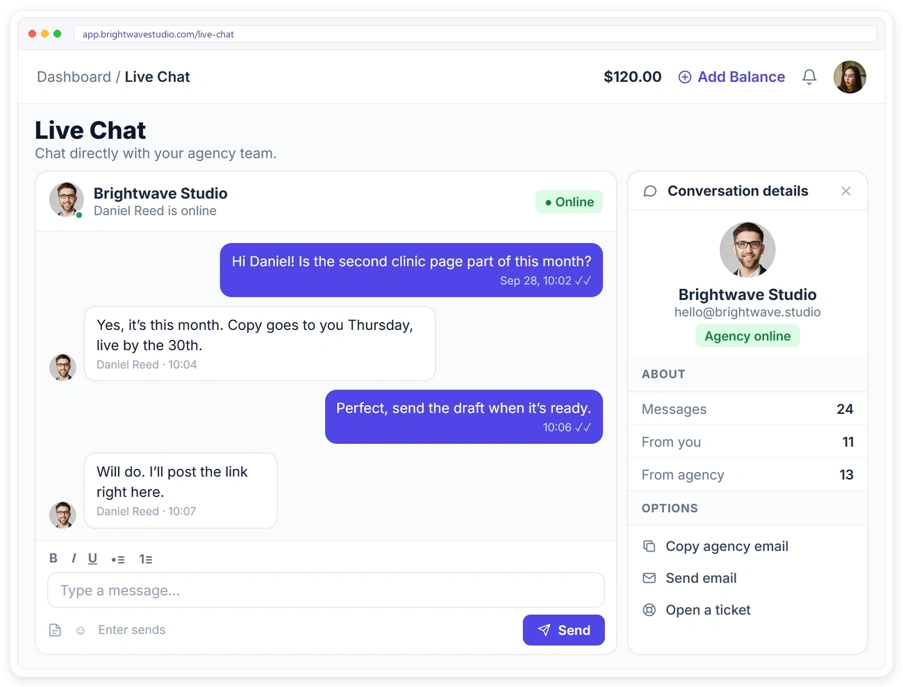 Client portal live chat with the agency team and conversation details in Clientish Client portal live chat with the agency team and conversation details in Clientish