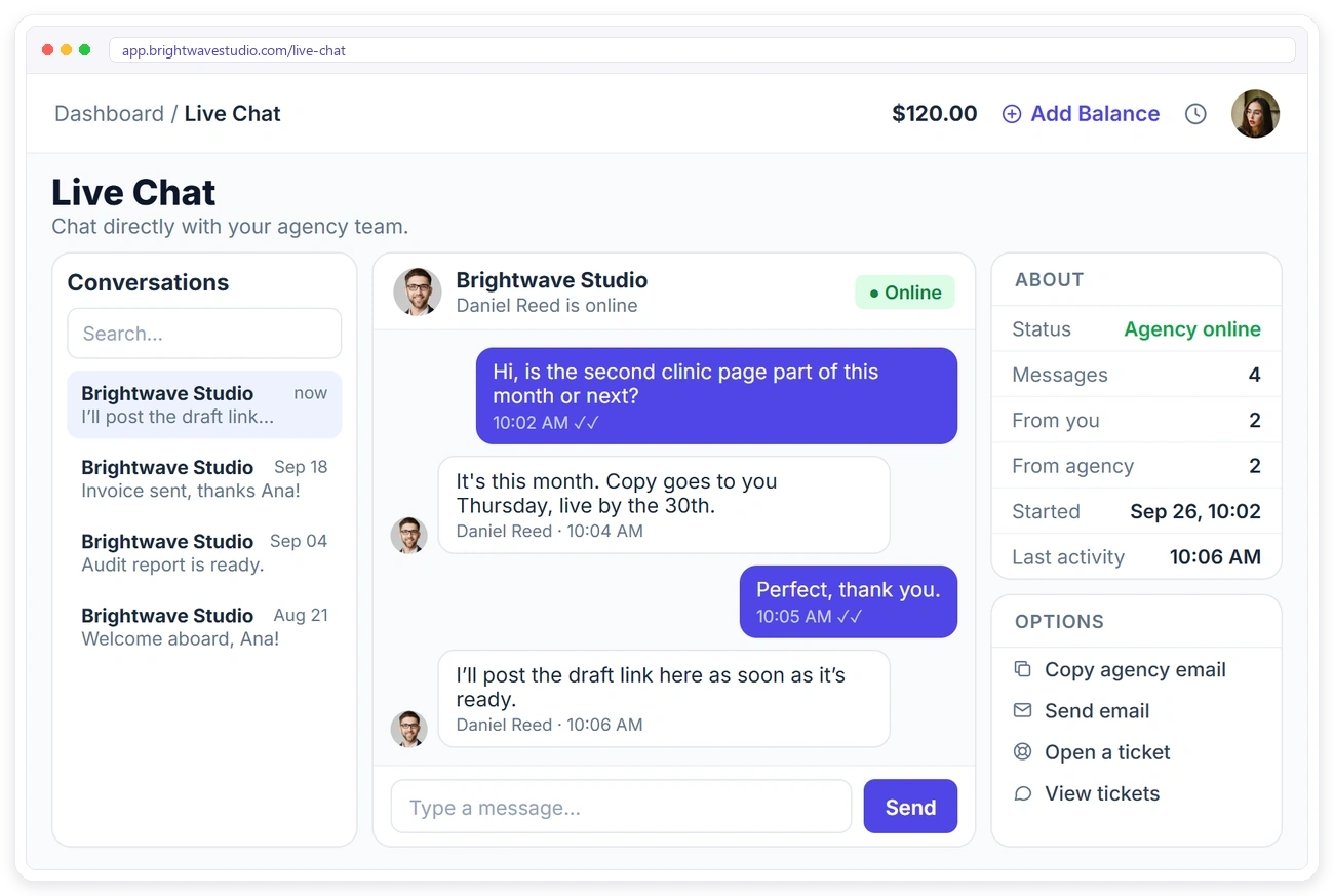 Live chat between a client and the agency team inside the Clientish client portal Live chat between a client and the agency team inside the Clientish client portal