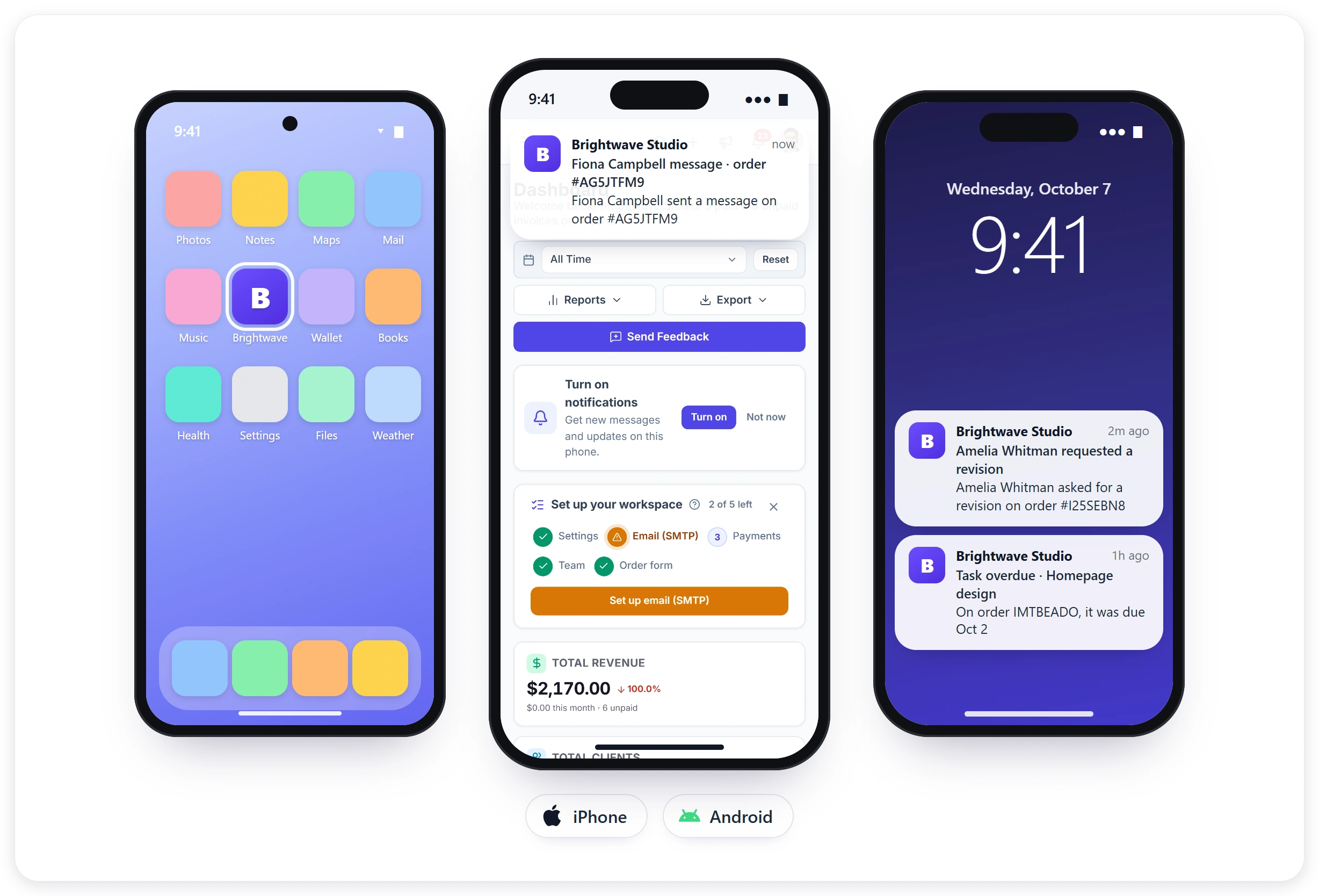 Your agency's client portal as a mobile app: your icon on the home screen, push notifications for messages and revisions, and the portal open on the phone